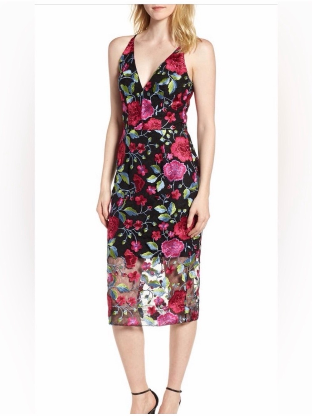 Dress the Population Aurora Midi Floral Embroidered Dress Large